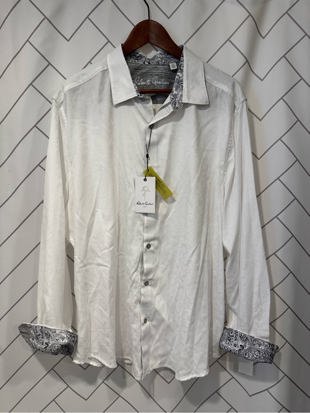 Robert Graham White Dress Shirt with Black Paisley Trim